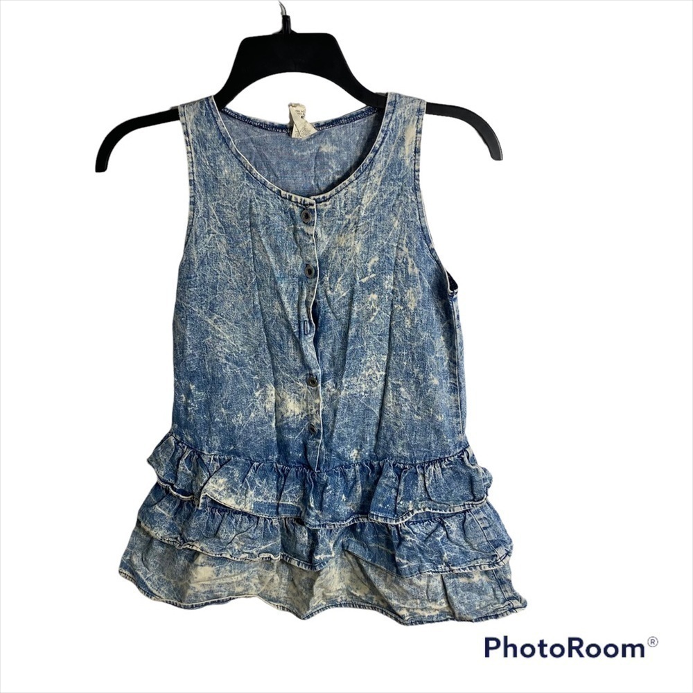 Vintage Acid Wash Denim Dress Ruffle Sz 8 Made in USA 80s 90s Button Down